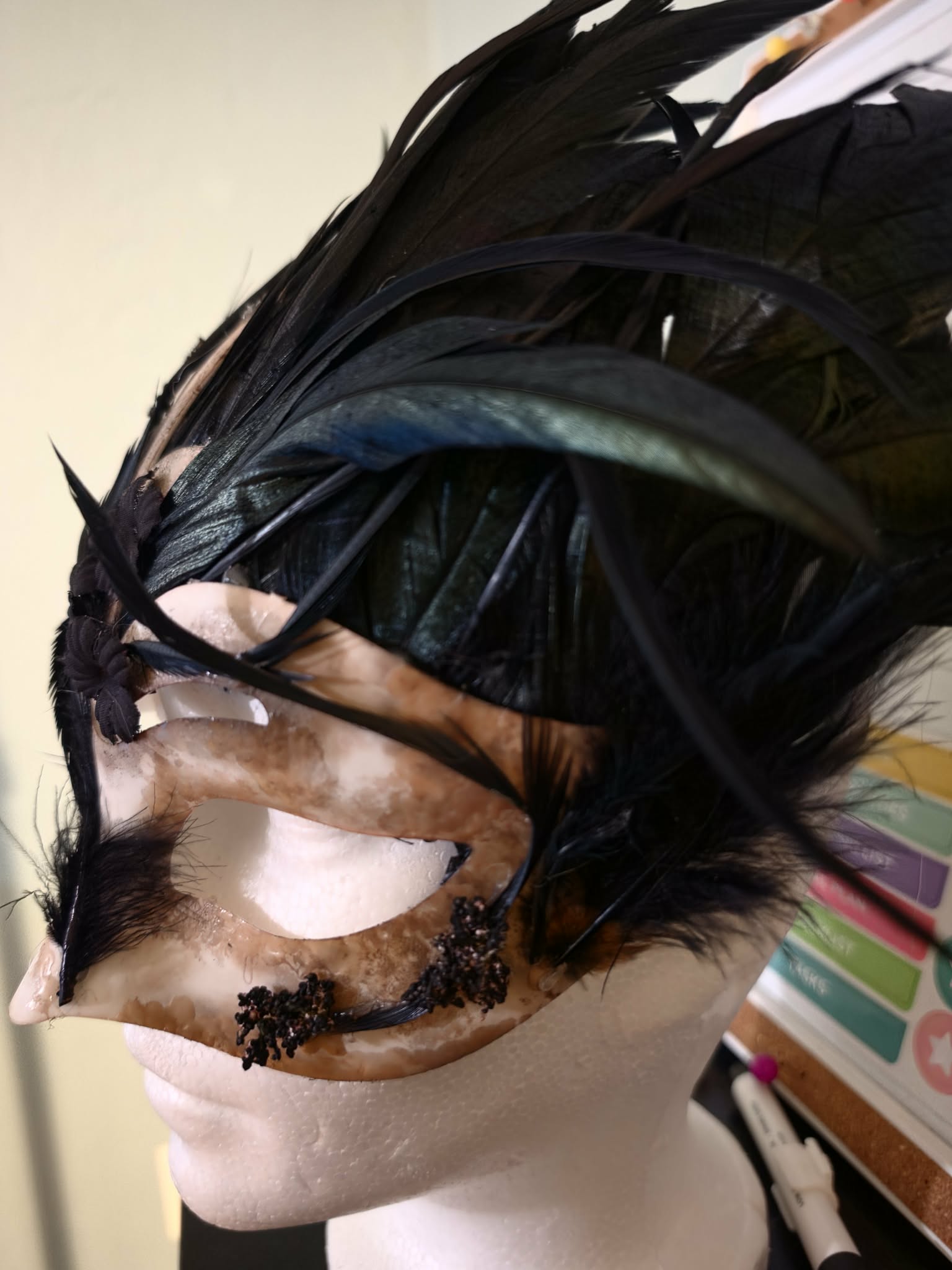 Close side view of a dramatic layered black feather mask