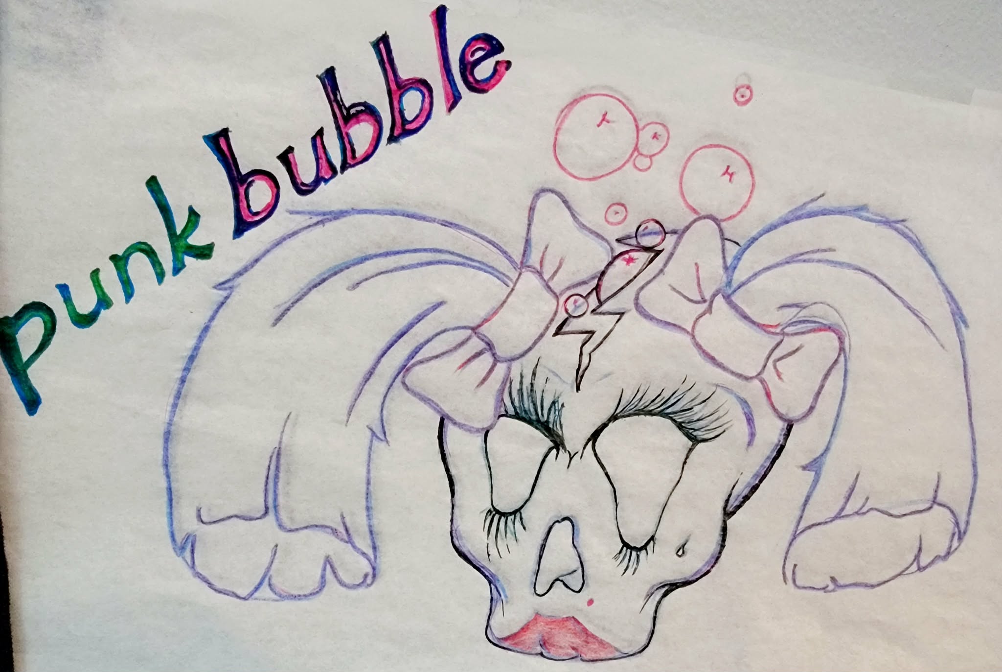 The original hand-drawn Punk Bubble logo: a crowned skull with pigtails, bows, bubbles, and colorful hand lettering